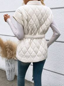 SHEIN LUNE 1 chiếc áo vest chần bông có thắt lưng trơn có đệm quần áo mùa đông - Màu be - Xem 2