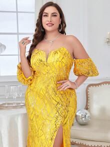 Hơn Off Shoulder Tách đùi Kim sa Ăn mặc trang trọng - Màu vàng - Xem 4