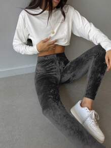 RueChic Solid Elastic Waist Leggings - Grey - View 6