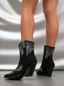 Styleloop Women's Fashionable Western Short Boots With Rhinestone Detail - Black - View 4