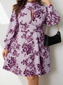 Celure Plus Floral Print Cut Out Mock Neck Dress - Purple - View 5