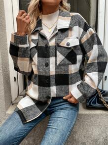 SHEIN Essnce Plaid Print Drop Shoulder Flap Pocket Overcoat - Multicolor - View 4