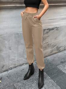 EURMUSE Solid Drawstring Waist Pants - Beige - View 4