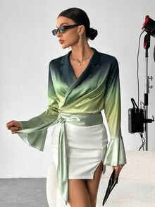 SHEIN Privé Ombre Flounce Sleeve Knot Side Blouse - Green - View 4