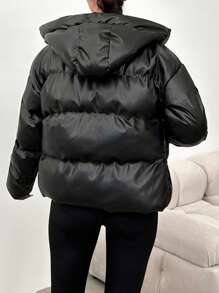 EURMUSE Drop Shoulder Zip Up Hooded PU Puffer Coat - Black - View 2