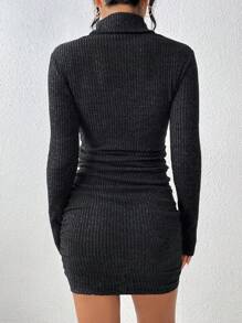 SHEIN Frenchy Turtleneck Ribbed Knit Ruched Side Bodycon Dress Winter Elegant Evening Dress - Grey - View 2