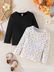 SHEIN 女小童2入組小碎花&波點圖案T恤 - 彩色 - 查看 1