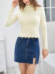 SHEIN EZwear Mock Neck Frill Trim Sweater