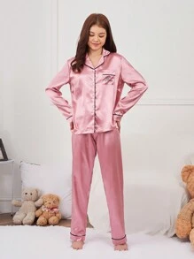 SHEIN Explorewe 青少年女孩字母刺繡拼接滾邊緞面睡衣套裝 - 藕粉色 - 查看 4