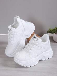 Nuevas zapatillas de deporte gruesas para mujer Primavera/otoño con plataforma de tacón alto, zapatos deportivos casuales de moda - Blanco - Ver 5