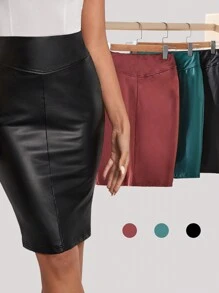 BizChic Black High-Waist PU Leather Stretch Solid Skirt For Office Ladies, Autumn/Winter