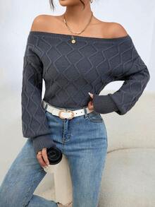 SHEIN Essnce Off Shoulder Lantern Sleeve Sweater - Grey - View 7