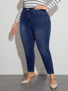 SHEIN Privé Pantalones Ajustados Elásticos Con Tobillos Estrechos - Azul lavado oscuro - Ver 6