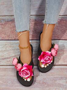 女用花拖鞋,夏季時尚中跟舒適露趾拖鞋,適合戶外/海灘穿著 - 彩色 - 查看 8