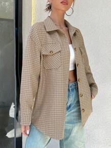 SHEIN Unity Women's Plaid Drop Shoulder Overcoat - Coffee Brown - View 6