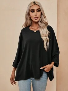SHEIN LUNE Solid Batwing Sleeve Tee - Black - View 3