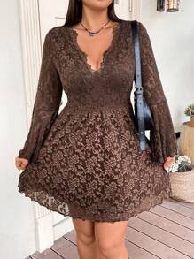 Flirla Plus Plunging Neck Bell Sleeve Lace Dress - Khaki - View 7