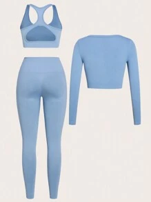 SHEIN Daily&Casual 素色運動型胸罩&短夾克&緊身打底褲 - 霧霾藍 - 查看 2