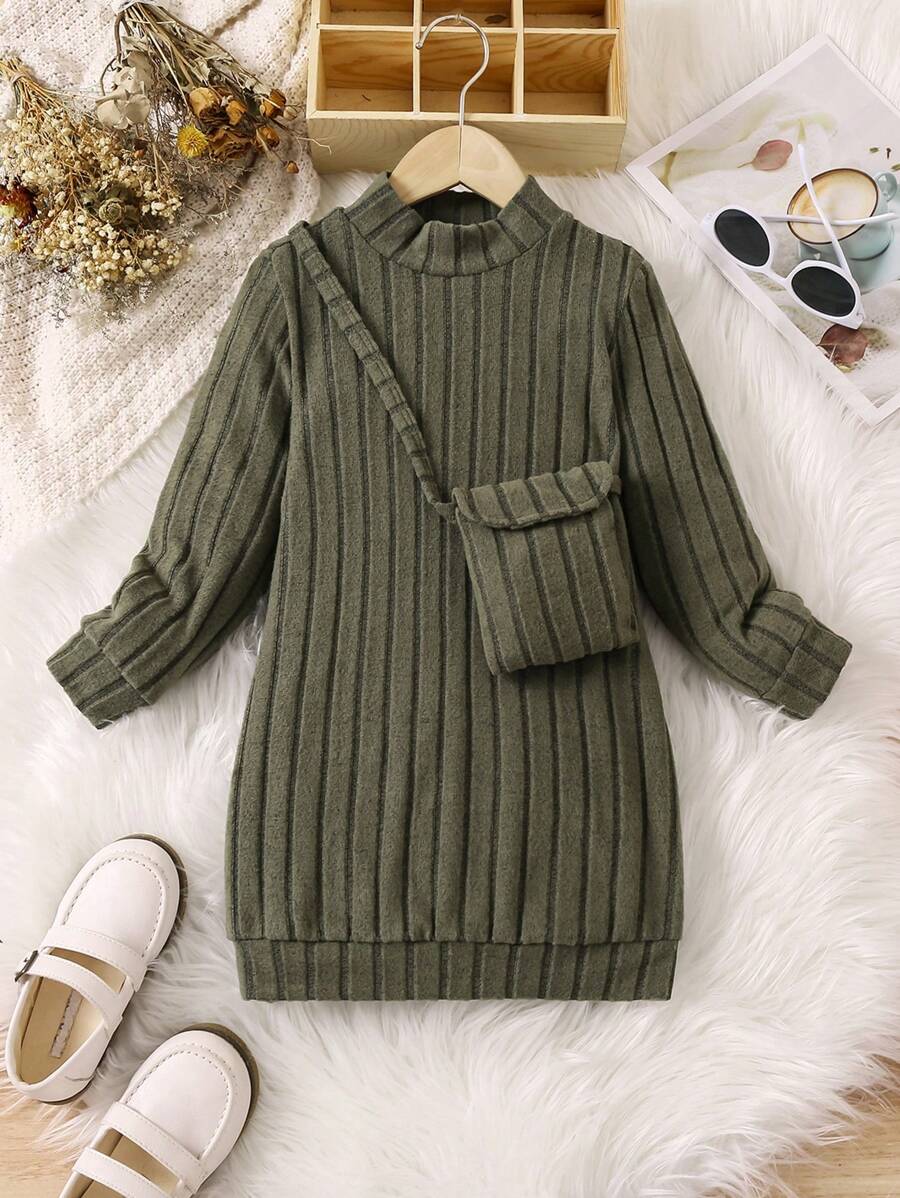 SHEIN Cô Gái Trẻ Cổ giả Đồ đan Ribbed Đầm Có túi - xanh quân đội - Xem 1