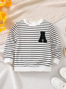 SHEIN Young Boy 2pcs Striped Letter Patched Sweatshirt - Black and White - View 4