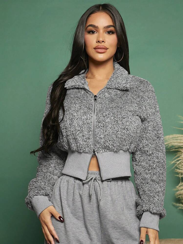 SHEIN SXY Zip Up Crop Teddy Jacket - Grey - View 3