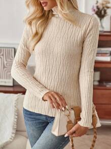 GENKIRA Solid Mock Neck Knit Pullover Fall Winter Sweater - Apricot - View 4
