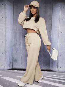 SHEIN PETITE Drop Shoulder Crop Pullover & Drawstring Waist Pants - Khaki - View 4