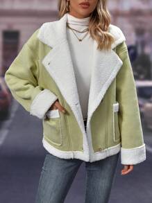 SHEIN Frenchy 毛絨內襯西裝領夾克 - 綠色 - 查看 4