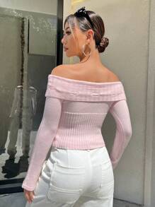 SHEIN Unity Tie Front Foldover Off Shoulder Crop Sweater,Long Sleeve Tops Knit Pullover Fall Winter Sweater - Pink - View 2