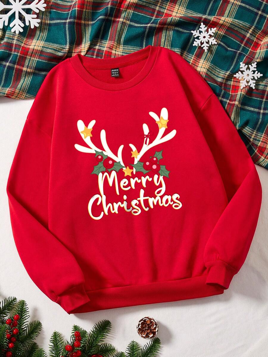 Slaydiva 1入組聖誕圖案加絨內裏運動衫 - 紅色 - 查看 1