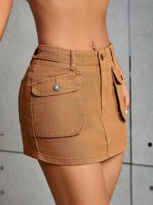 SHEIN ICON Flap Pocket Denim Skirt - Khaki - View 4
