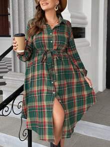 SHEIN LUNE Plus Tartan Print Belted Shirt Dress Maxi Women Outfit