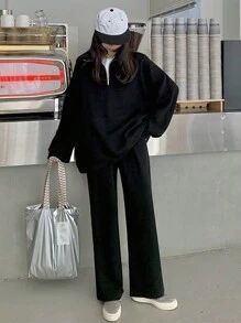 DAZY Solid Drop Shoulder Oversized Sweatshirt & Pants,Women Two Piece Sets,Fall Clothes - Black - View 8