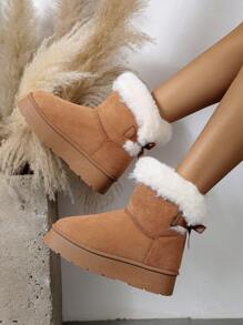 Women's Thick Bottom Warm Snow Boots, Suede Fabric Patchwork Plush Crafted, Solid Color Pattern, Short Tube Wrap-Around Design, Thick Bottom Heightening, Casual Warm Style, Outdoor & Commute In Winter, Caramel Suede Material, Thermal Lined Thick Bottom Snow Boots - Brown - View 3