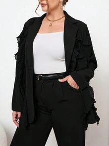 SHEIN Privé Talla grande Blazer ribete con fruncido de cuello con solapa - Negro - Ver 6