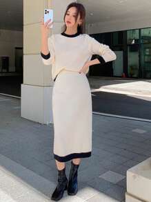 Dazy Star Contrast Trim Sweater & Knit Skirt - Black and White - View 1