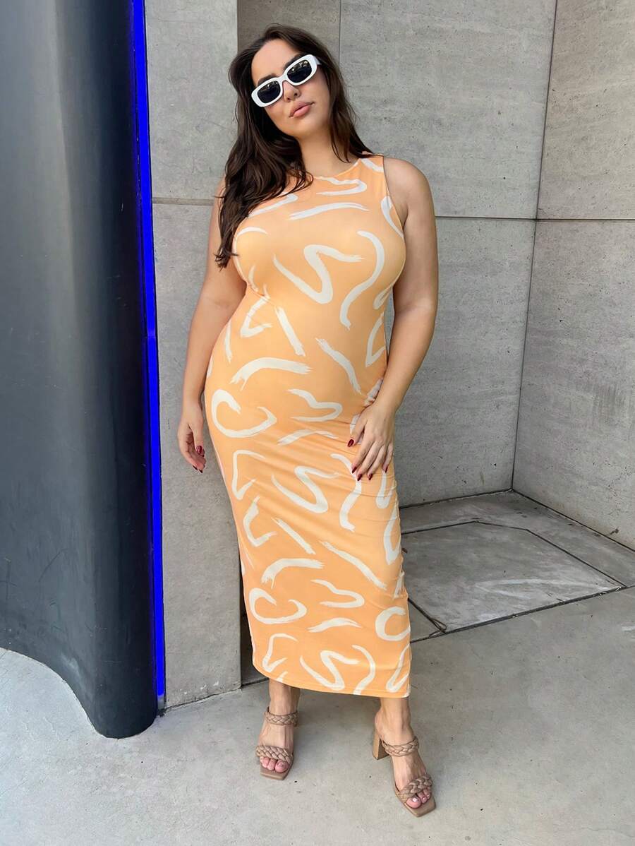 SHEIN Essnce Plus Allover Print Bodycon Dress - Brown - View 1