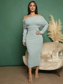 SHEIN SXY Vestido de hombros descubiertos fruncido tejido de canalé - Gris - Ver 1