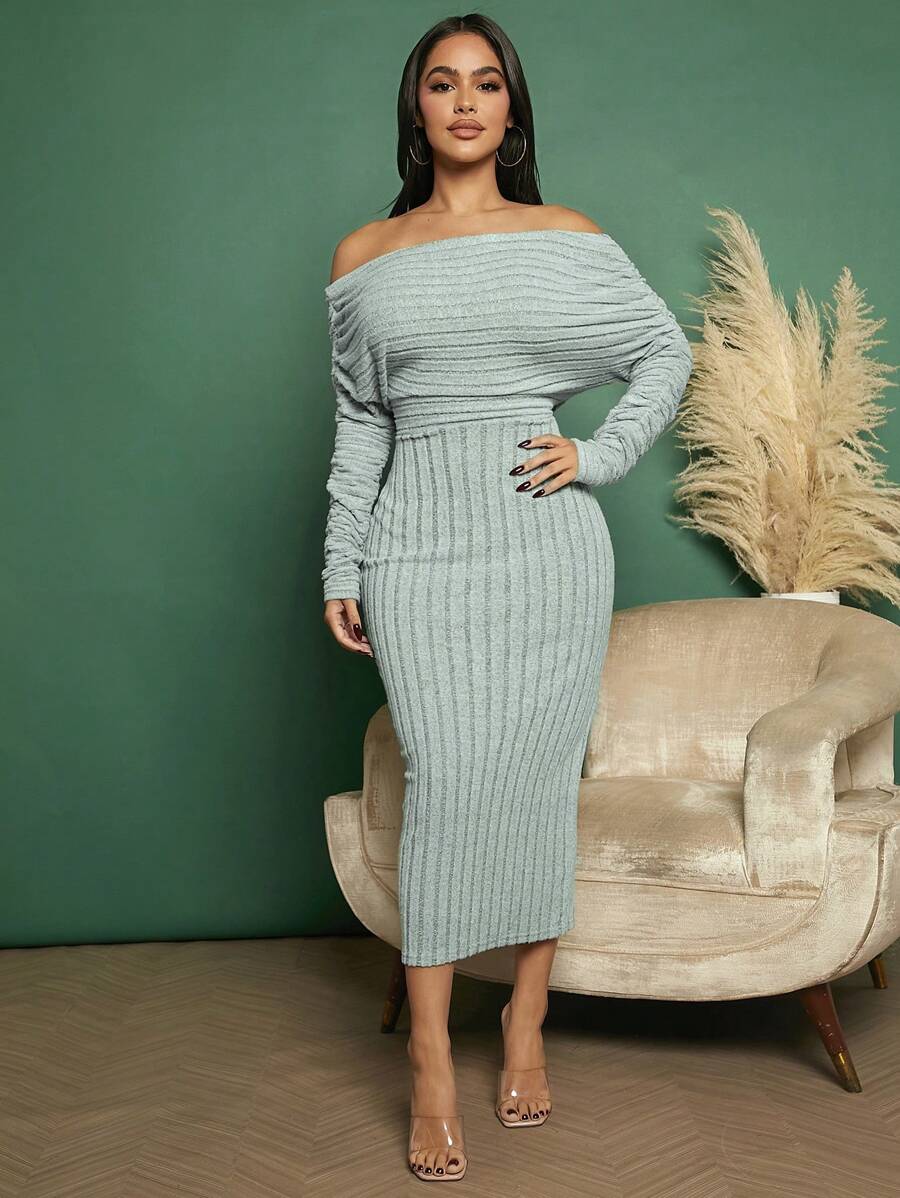 SHEIN SXY Vestido de hombros descubiertos fruncido tejido de canalé - Gris - Ver 1