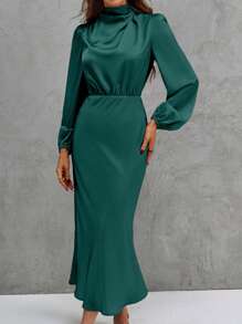 SHEIN Clasi Chất rắn Ống cổ Tay áo lồng đèn Nàng tiên cá Hem Đầm - màu xanh lá - Xem 3