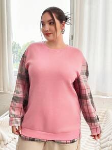 Flirla Hơn Kẻ sọc tương phản In Thả vai Áo nỉ - Hồng - Xem 4