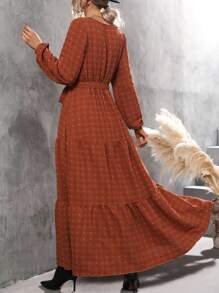 SHEIN Clasi Swiss Dot Surplice Neck Ruffle Hem Belted Dress - Redwood - View 2