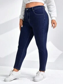 SHEIN Essnce Talla grande Jeans ajustados con bolsillo oblicuo - Azul lavado oscuro - Ver 4