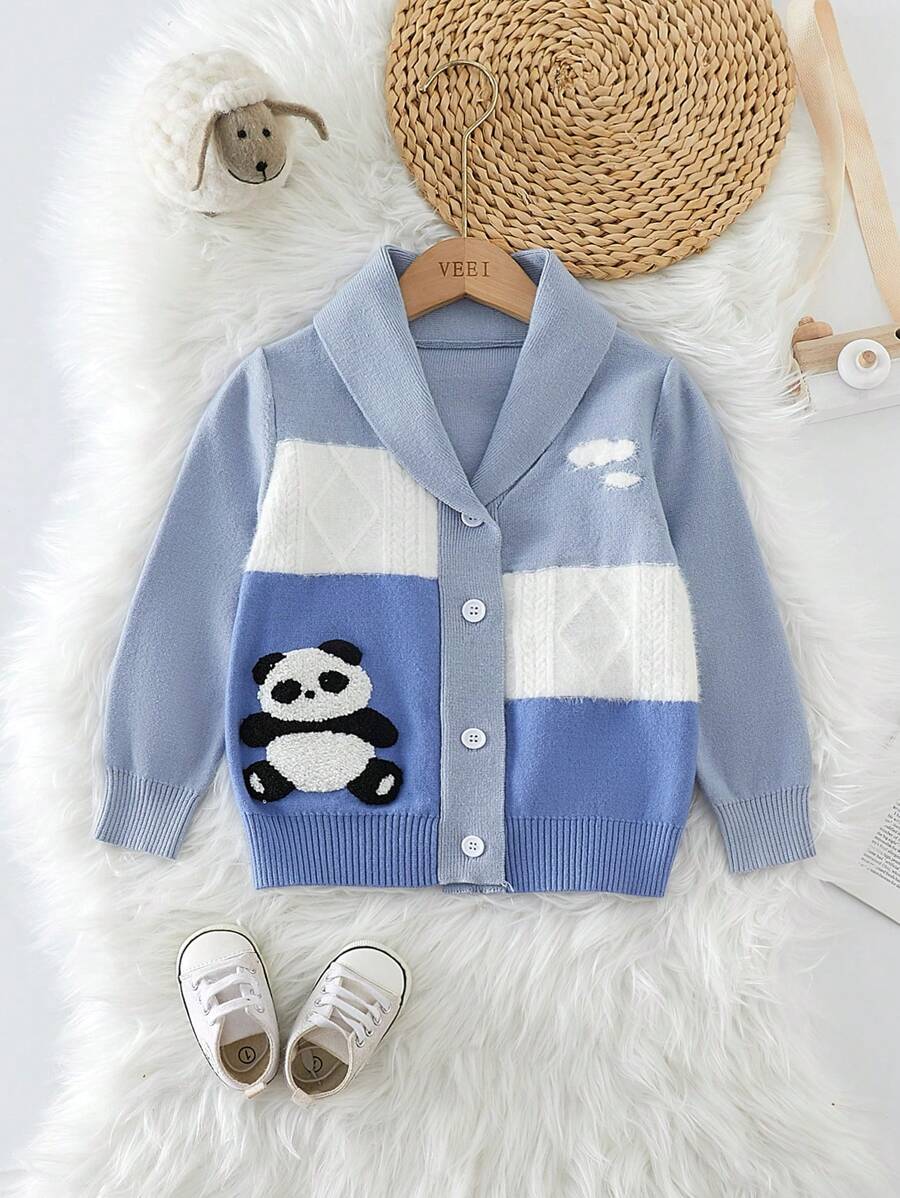 SHEIN Young Boy Panda & Cloud Pattern Shawl Collar Cardigan - Blue - View 1