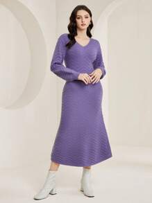 Mulvari Solid V Neck Sweater Dress - Purple - View 5