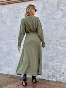 SHEIN Clasi Solid Batwing Sleeve Ruched Waist A-line Dress - Dark Green - View 2