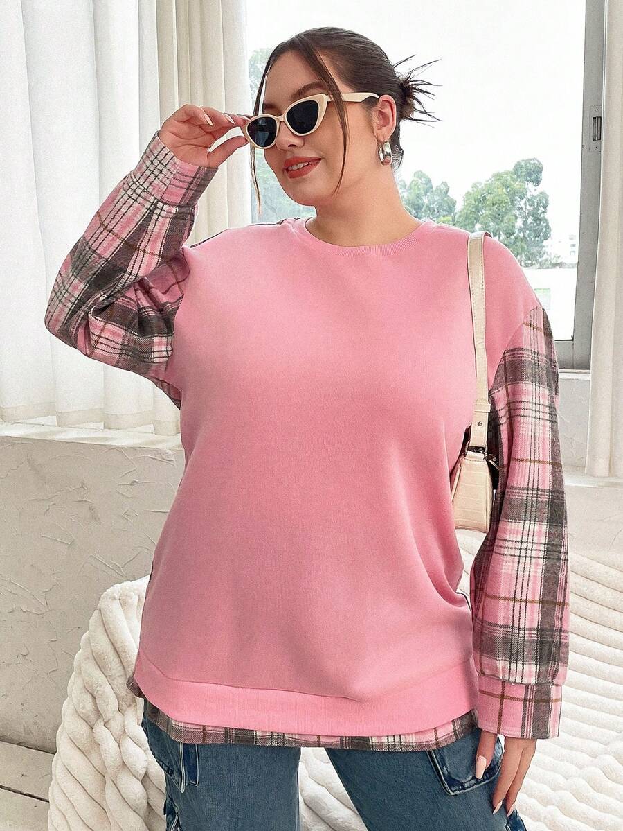 Flirla Hơn Kẻ sọc tương phản In Thả vai Áo nỉ - Hồng - Xem 1