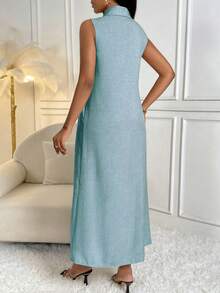 SHEIN Lady Button Detail Split Thigh Sleeveless Longline Blouse - Blue - View 2