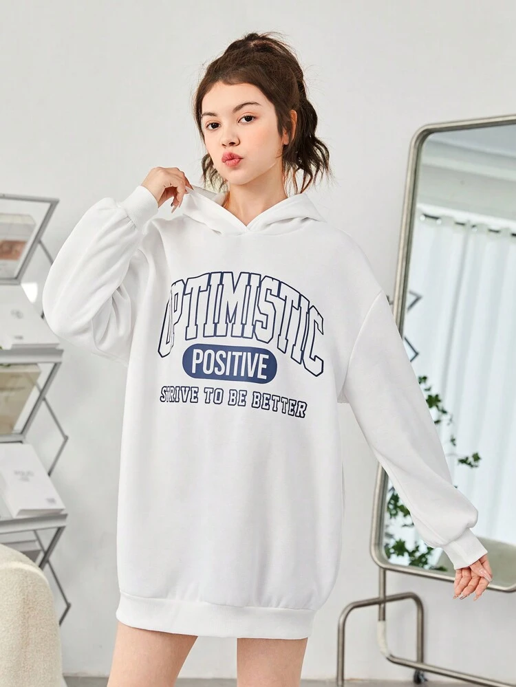 Teen Girl Slogan Graphic Drop Shoulder Hooded Sweatshirt Dress