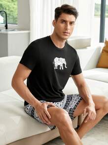 1pc Elephant Print Sleep Tee & 1pc Sleep Pants - Black - View 5